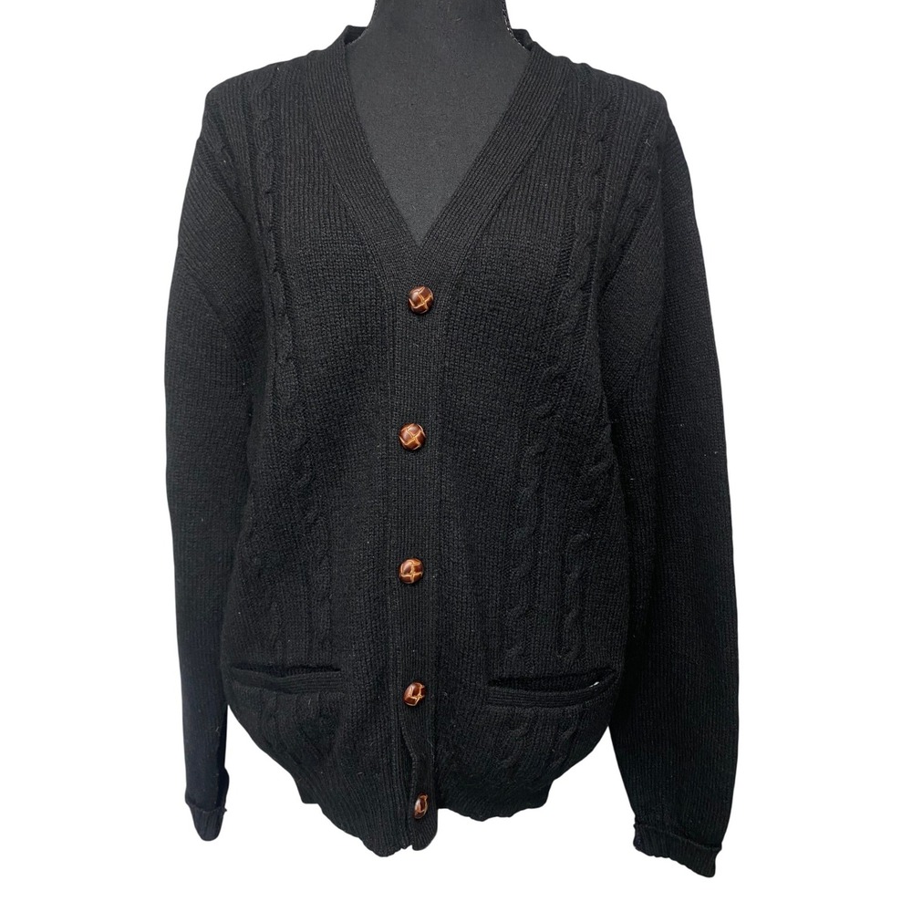 Vintage Jantzen Black Cable Knit Cardigan Sweater Womens Medium Made in USA